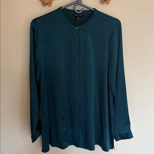 Eileen Fisher Silk Band Collar Top Green Long Sleeve Blouse Small Petite SP
